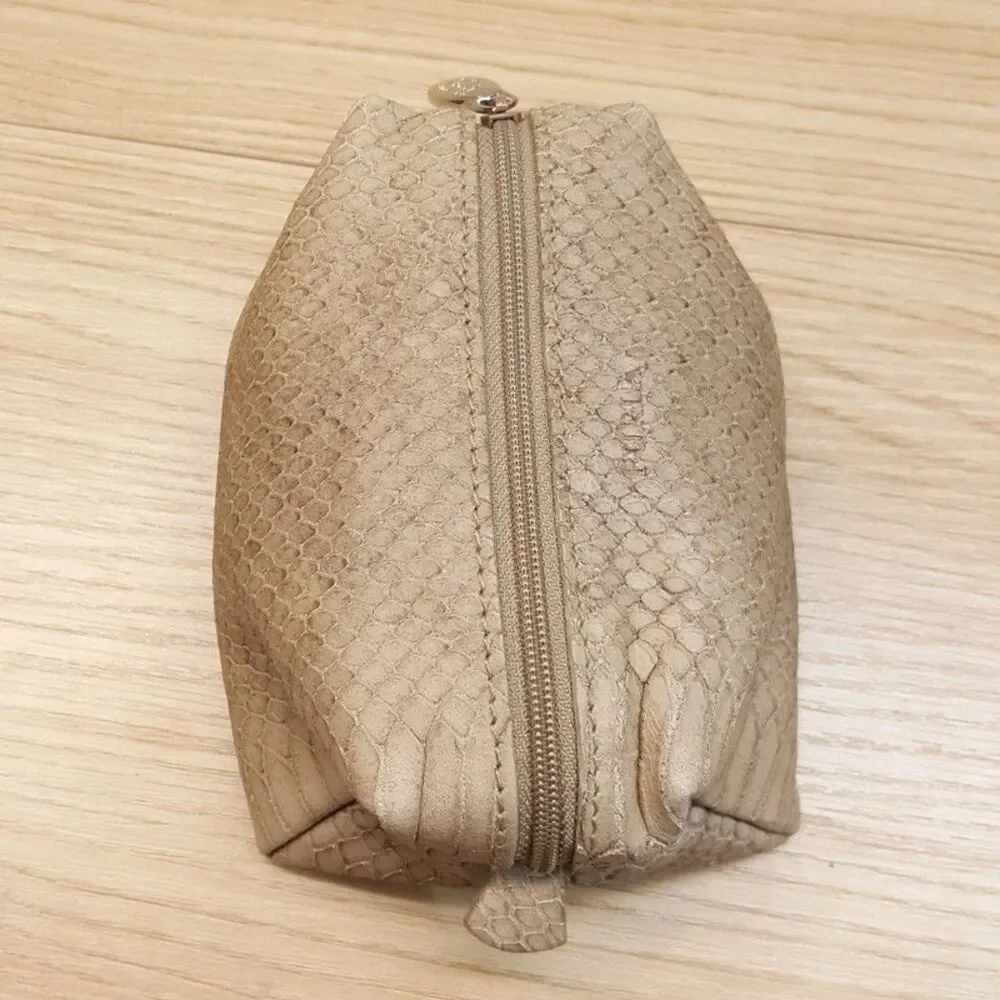 FURLA Small Leather Cosmetic Makeup Bag Taupe Snakeskin Embossed Zip Pouch